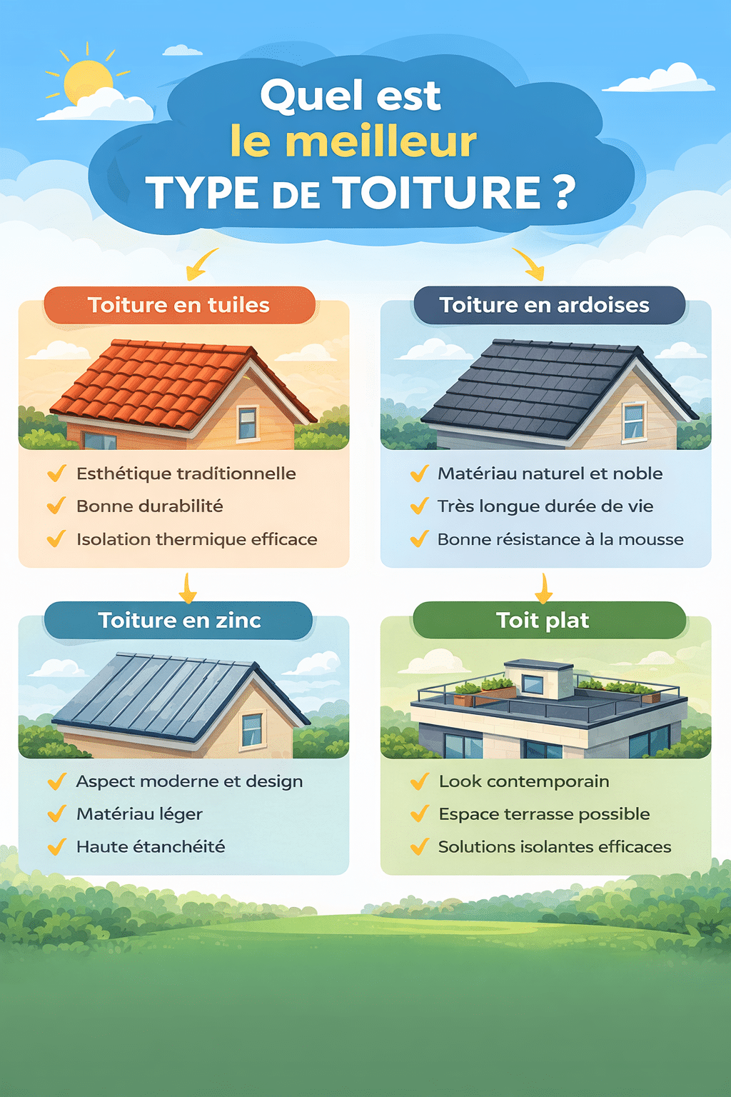 Infographie comparant les meilleurs types de toiture : tuiles, ardoise, zinc et toit plat avec leurs avantages