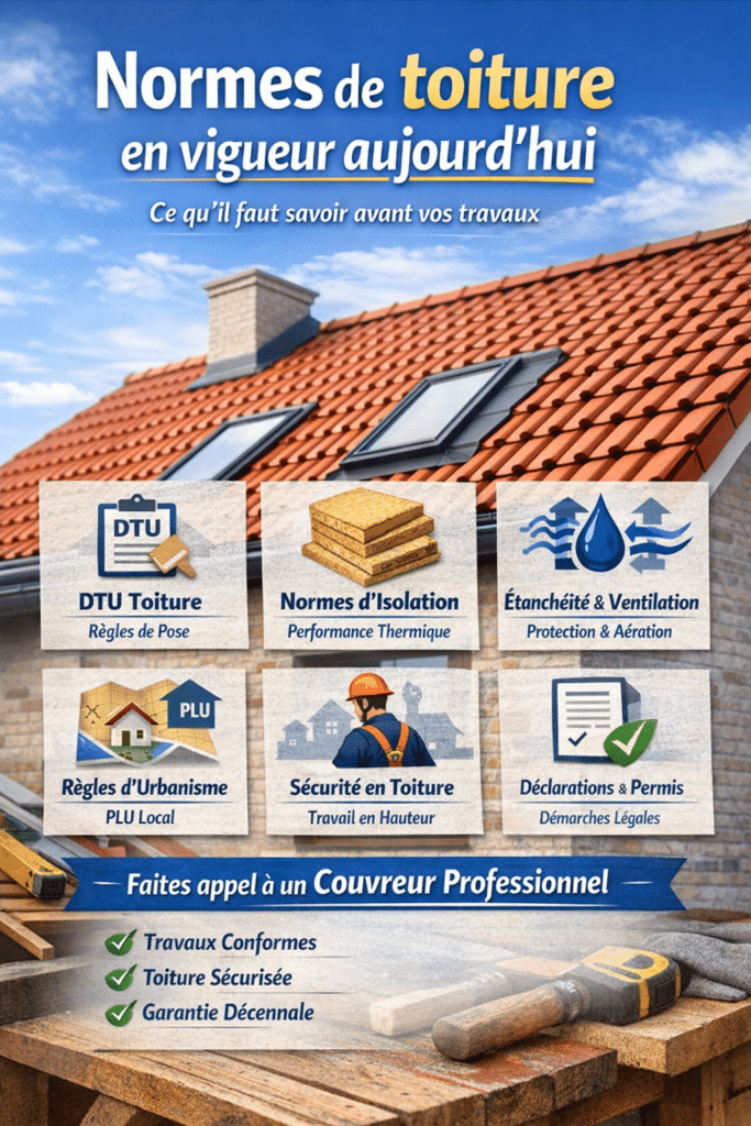 Infographie informative sur les normes de toiture en vigueur aujourd’hui, présentant les règles principales à respecter avant des travaux de rénovation ou construction de toiture.