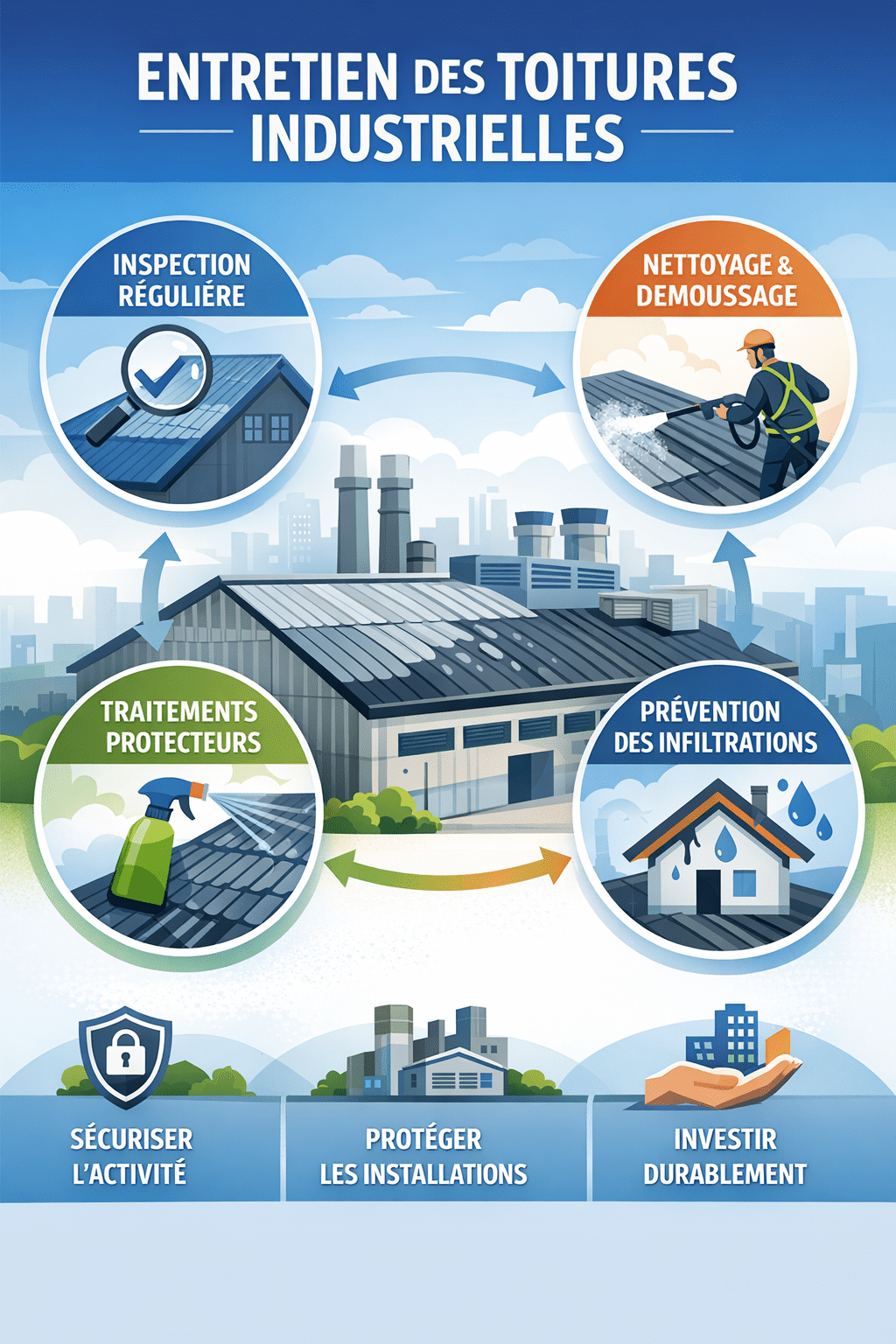 Infographie en français illustrant les étapes clés de l’entretien des toitures industrielles : inspection régulière, nettoyage et démoussage, traitements protecteurs, prévention des infiltrations, avec un bâtiment industriel au centre et des icônes représentant la sécurisation de l’activité, la protection des installations et l’investissement durable.