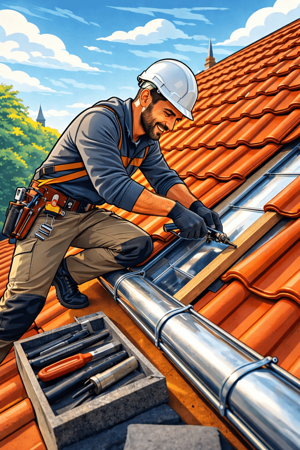 Illustration graphique d’un couvreur zingueur en train de travailler sur un toit en ardoise, avec des outils de zinguerie, portant un casque de chantier et des gants, sous un ciel bleu.