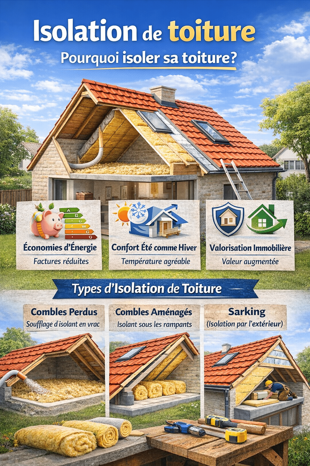 Infographie éducative en français présentant les raisons d’isoler sa toiture, les avantages en termes d’économies d’énergie, confort thermique, protection de la structure et valorisation immobilière, avec une illustration d’un professionnel posant de l’isolant dans les combles.
