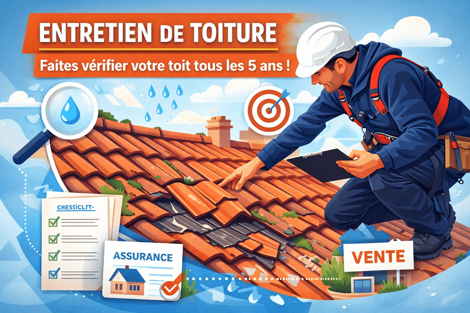 Illustration graphique d’un couvreur inspectant une toiture en tuiles avec des signes d’infiltration, mettant en avant l’importance de l’entretien de toiture tous les 5 ans.