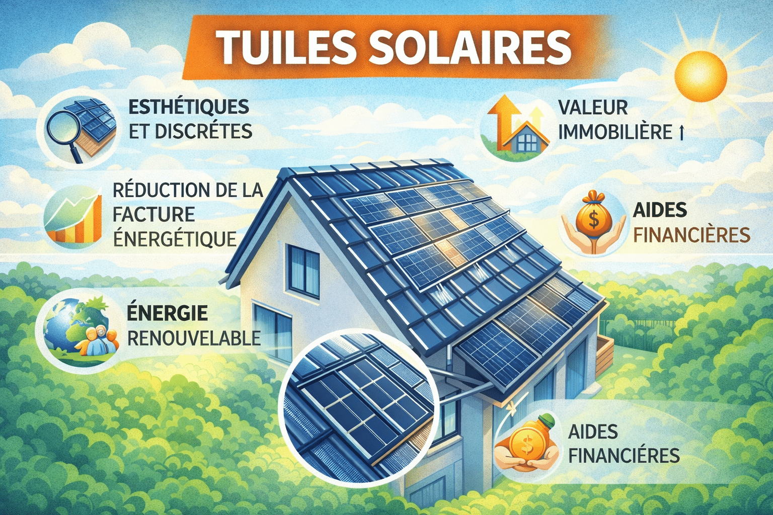 Infographie colorée illustrant une maison équipée de tuiles solaires intégrées à la toiture, mettant en avant leurs avantages comme l’esthétique discrète, la réduction de la facture énergétique, la valorisation immobilière, les aides financières et l’énergie renouvelable.