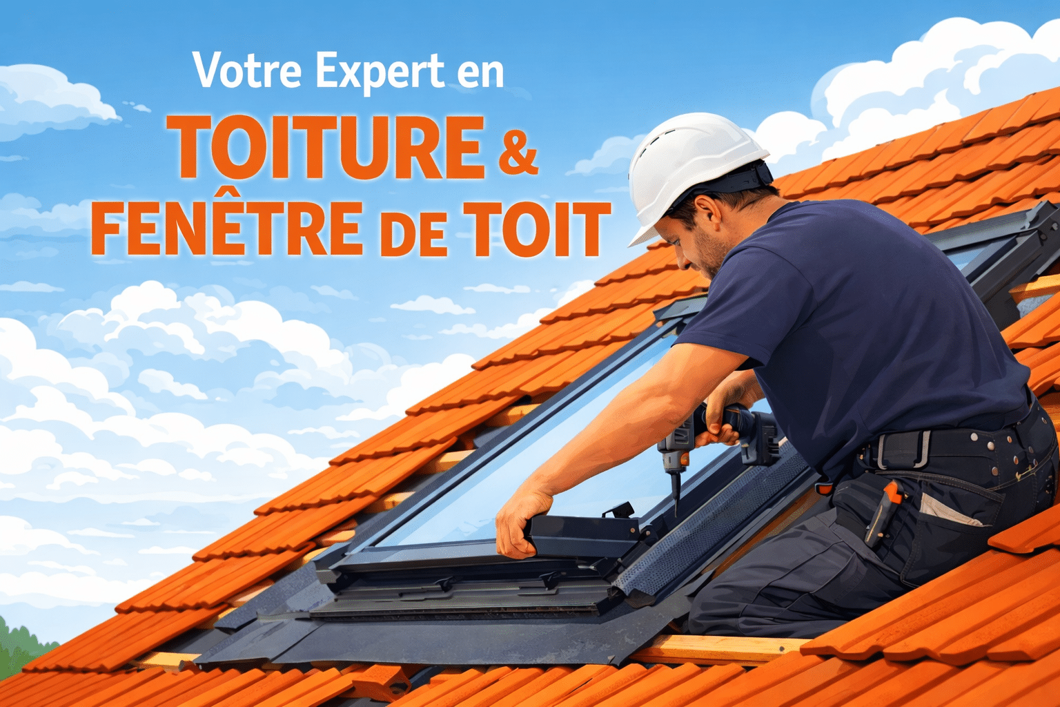 Couvreur installant une fenêtre de toit sur une toiture en tuiles.