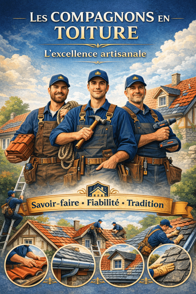 Des compagnons couvreurs travaillant ensemble sur une toiture en rénovation par temps clair.