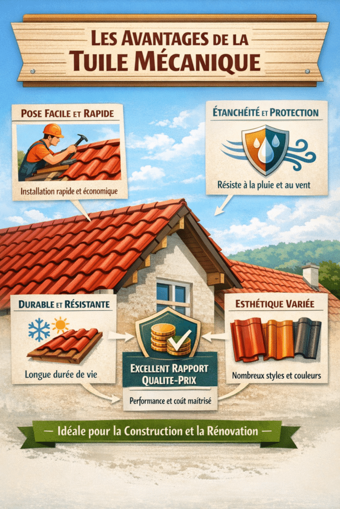 Infographie présentant les avantages de la tuile mécanique avec une illustration centrale d’une toiture en tuiles rouges et cinq encadrés décrivant ses bénéfices : pose facile et rapide, étanchéité et protection, durabilité et résistance, esthétique variée, et excellent rapport qualité-prix.