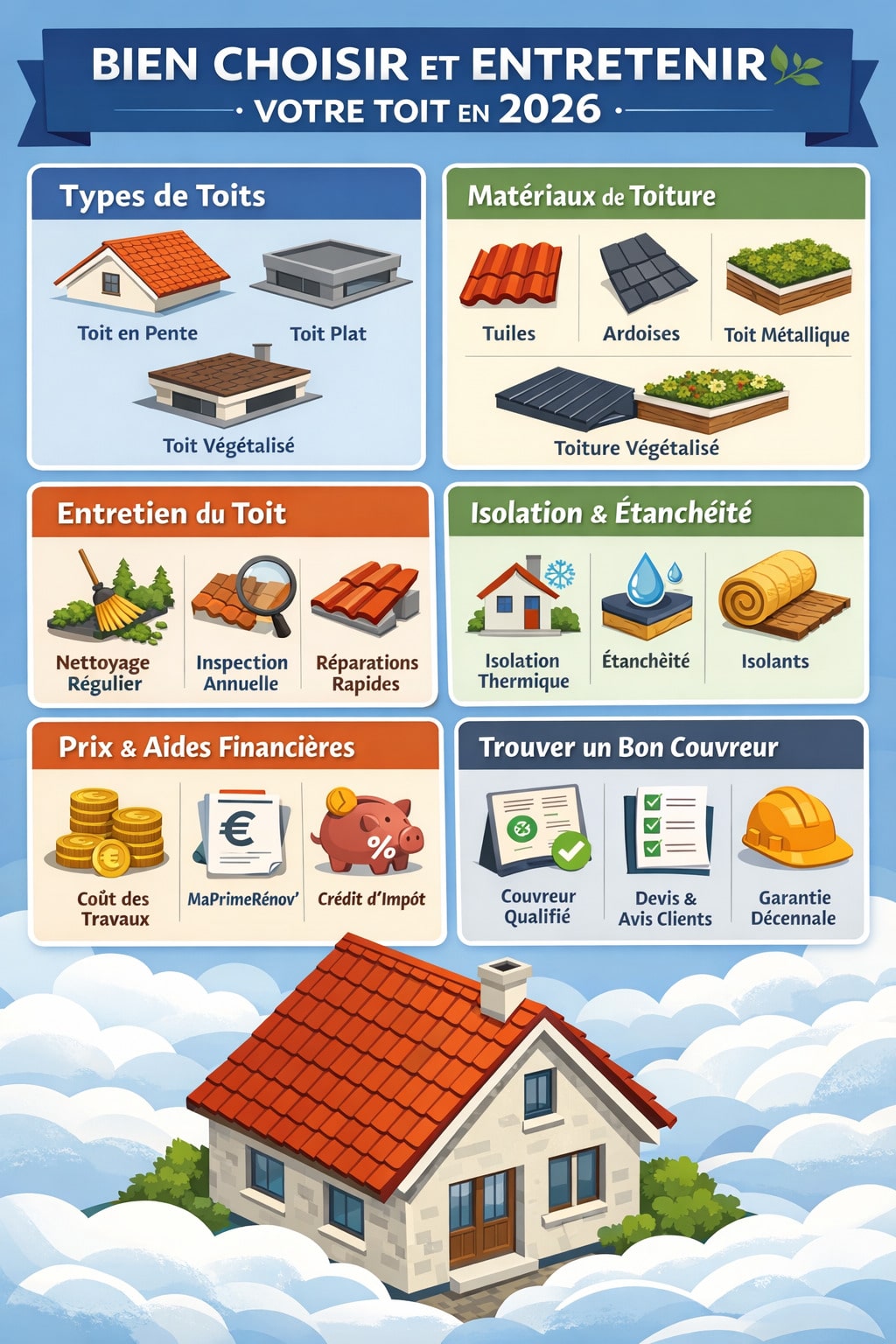 Infographie pédagogique expliquant les différents types de toitures, matériaux, entretien, isolation, coûts, aides financières et conseils pour choisir un couvreur qualifié en 2026.