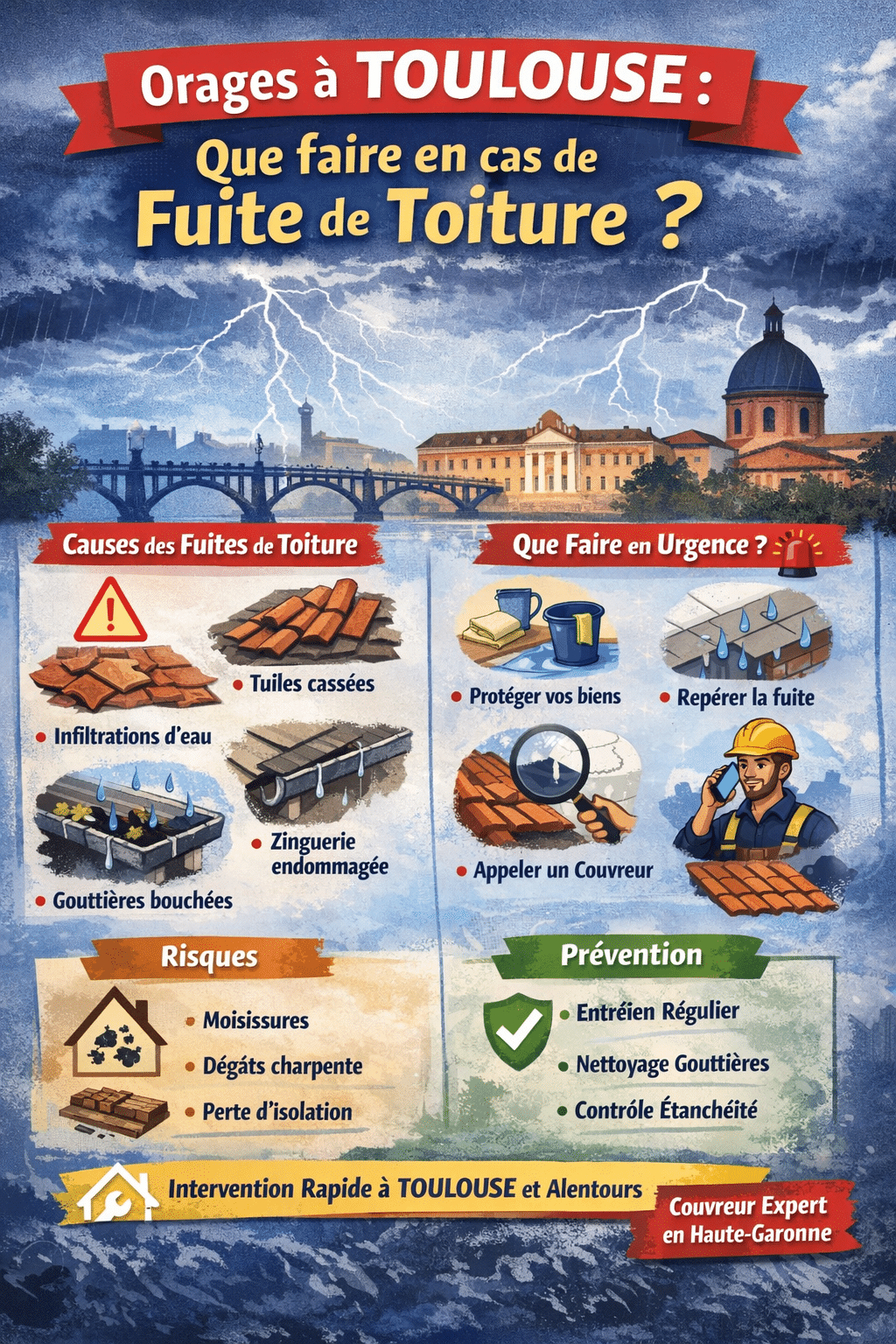 Infographie expliquant que faire en cas de fuite de toiture après un orage à Toulouse, avec les causes, les gestes d’urgence et les solutions de prévention.