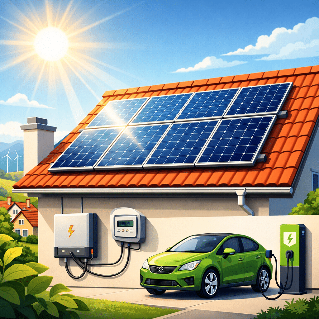 Maison équipée de panneaux solaires photovoltaïques installés sur la toiture pour produire de l’électricité renouvelable