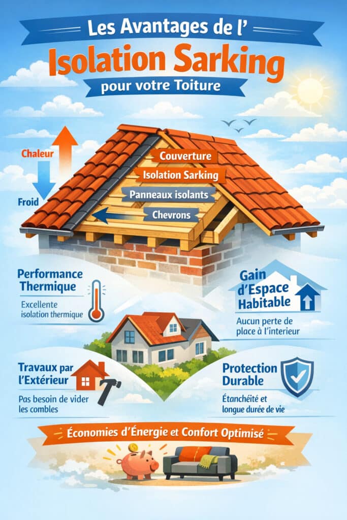 Schéma explicatif des avantages de l’isolation sarking pour la toiture, montrant une isolation par l’extérieur avec suppression des ponts thermiques