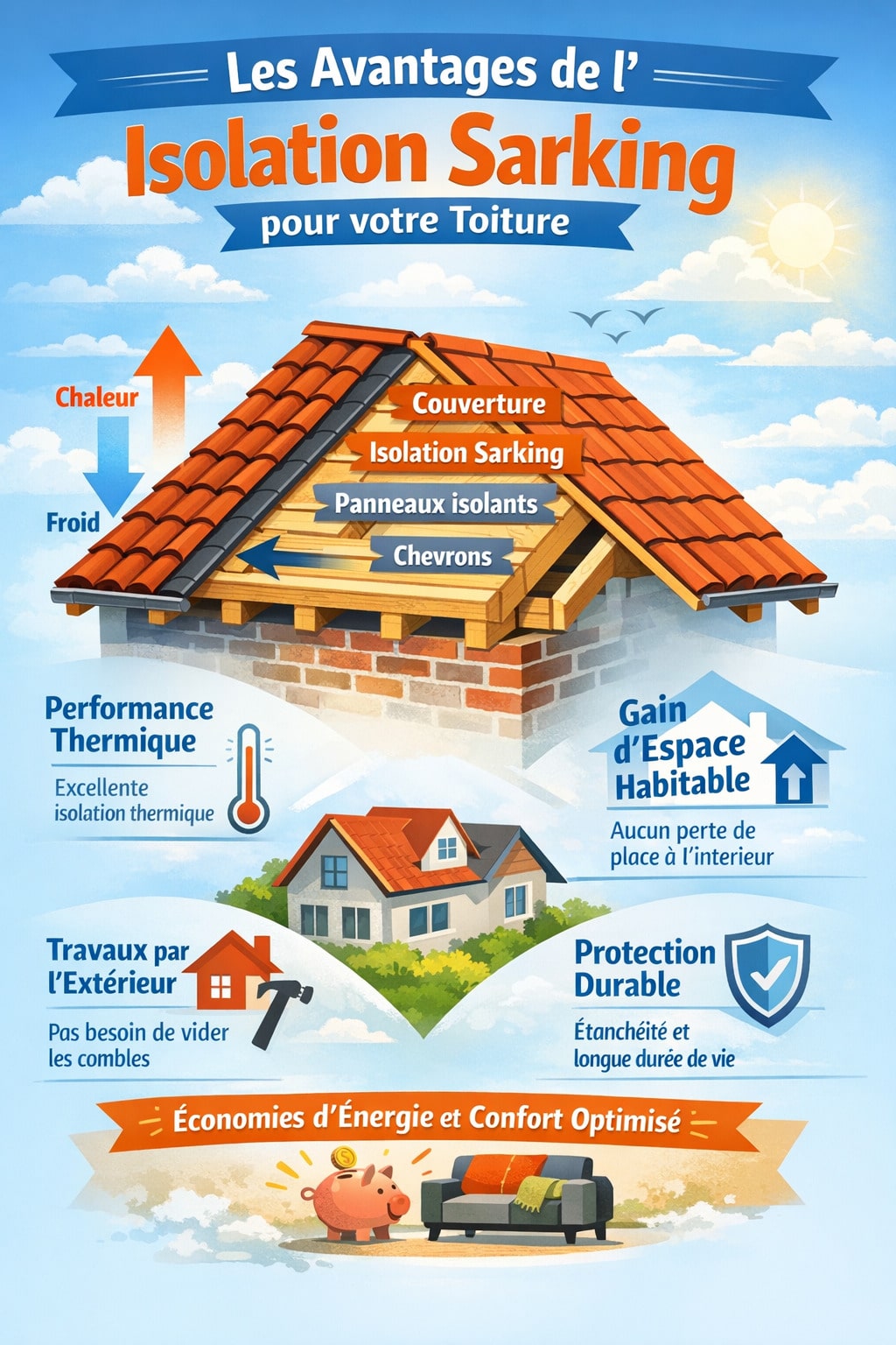Schéma explicatif des avantages de l’isolation sarking pour la toiture, montrant une isolation par l’extérieur avec suppression des ponts thermiques