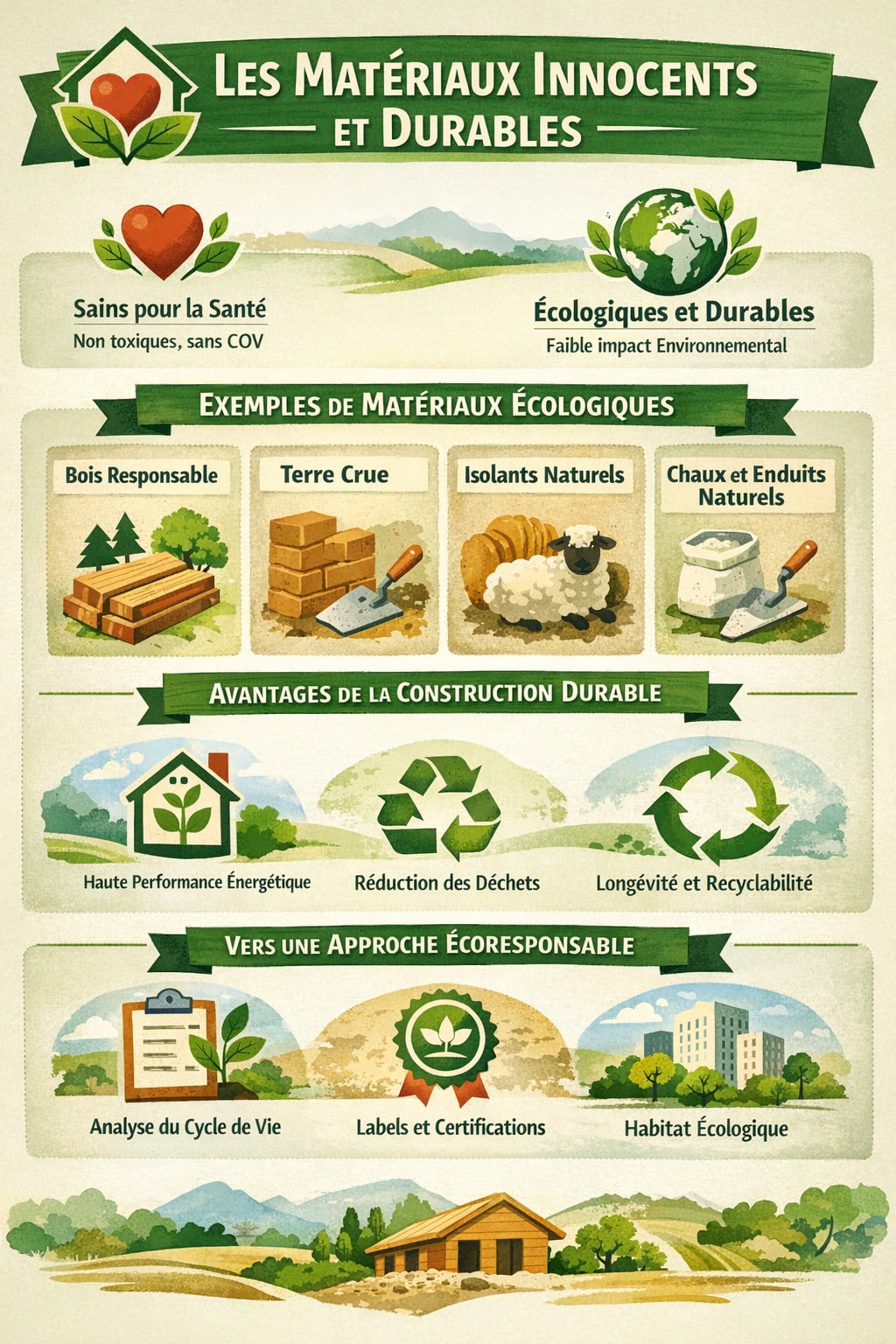 Infographie présentant les matériaux innocents et durables en construction écologique : bois responsable, terre crue, isolants naturels et chaux, avec leurs bénéfices pour la santé et l’environnement