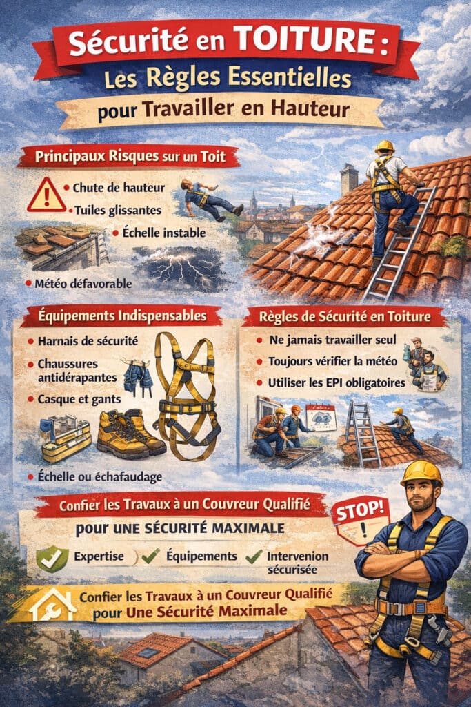 Affiche de prévention montrant les règles essentielles de sécurité pour travailler sur un toit, avec les principaux risques, les équipements de protection et des couvreurs utilisant du matériel de sécurité.