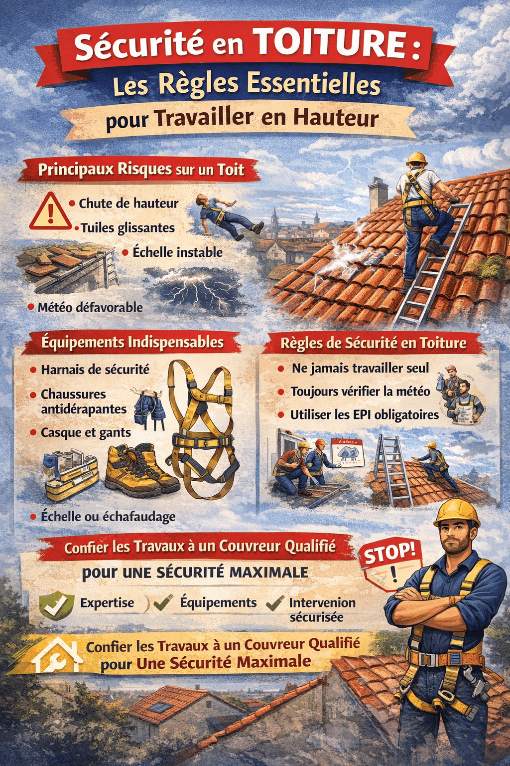 Infographie illustrant les règles essentielles de sécurité en toiture, incluant les principaux risques, les équipements indispensables, les règles de sécurité à respecter, et l’importance de faire appel à un couvreur qualifié.