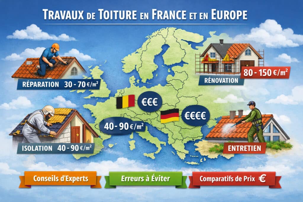 nfographie des travaux de toiture en France et en Europe : réparation, rénovation, isolation et entretien avec prix moyens au m².