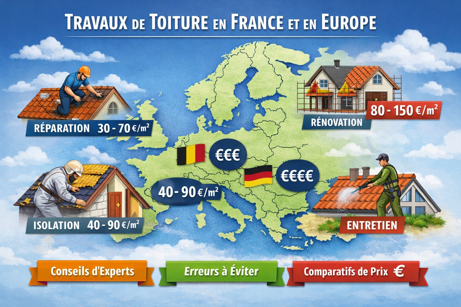 nfographie des travaux de toiture en France et en Europe : réparation, rénovation, isolation et entretien avec prix moyens au m².