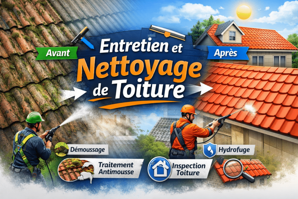 Entretien et nettoyage de toiture montrant un démoussage avant/après avec traitement anti-mousse et hydrofuge réalisé par un professionnel