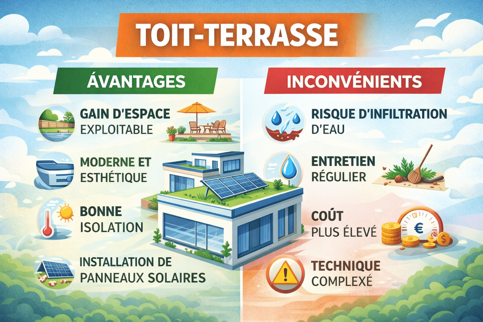 Infographie illustrant les avantages et les inconvénients d’un toit-terrasse, avec comparaison entre gain d’espace, isolation et risques d’infiltration d’eau.