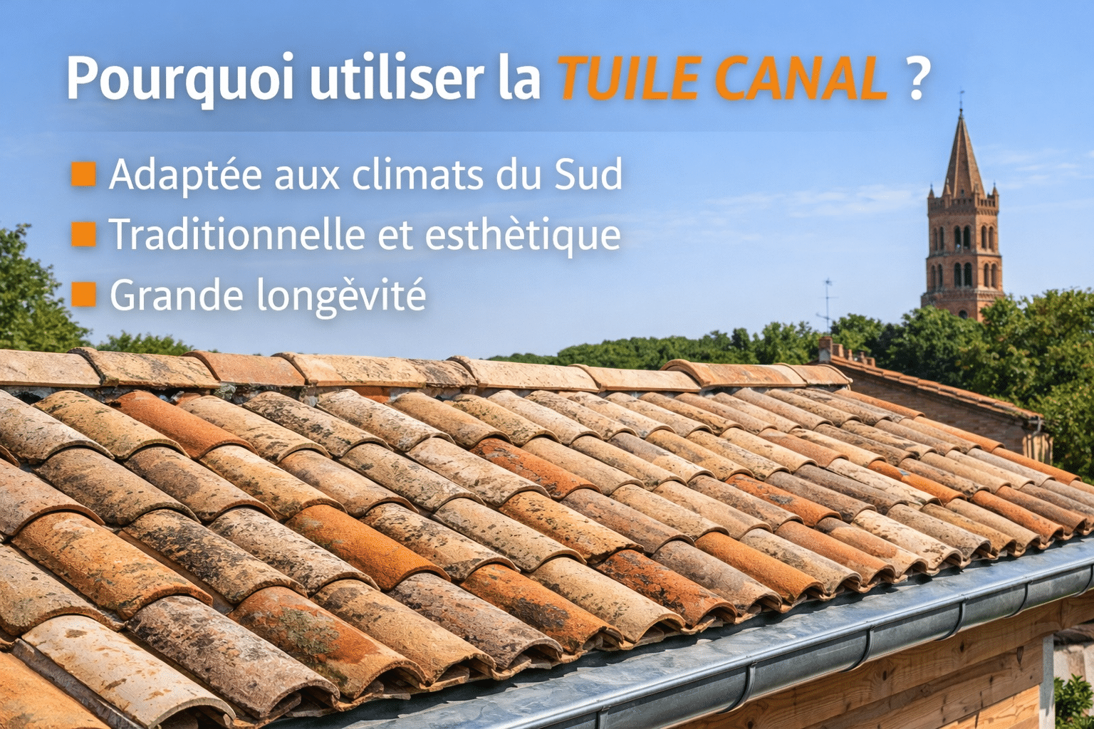 Toiture traditionnelle en tuiles canal en terre cuite avec un clocher en arrière-plan sous un ciel bleu.