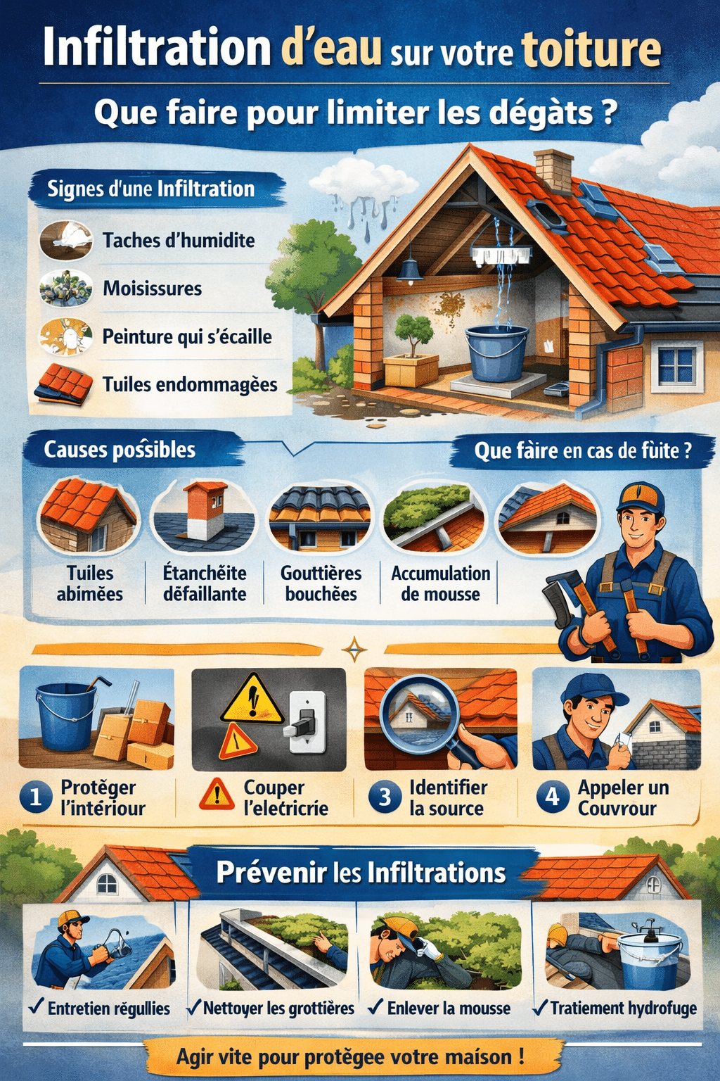 Infographie expliquant les signes, causes, solutions et méthodes de prévention des infiltrations d’eau sur une toiture.