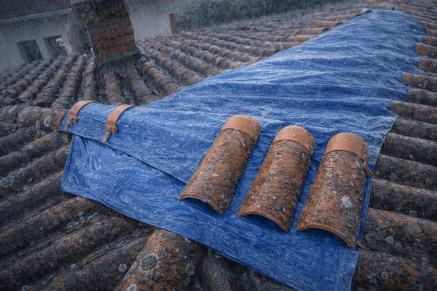 Intervention d’urgence sur une toiture à Toulouse Saint-Simon avec mise en place d’une bâche provisoire pour stopper une infiltration d’eau.