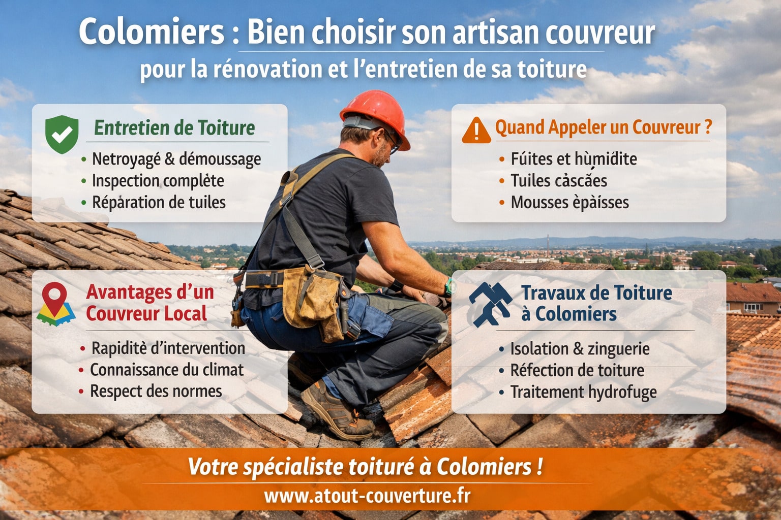 Infographie présentant des conseils pour bien choisir un artisan couvreur à Colomiers, avec un couvreur travaillant sur un toit en tuiles, et des encadrés détaillant l’entretien de toiture, les signes pour appeler un couvreur, les avantages d’un couvreur local, et les travaux de toiture à Colomiers.
