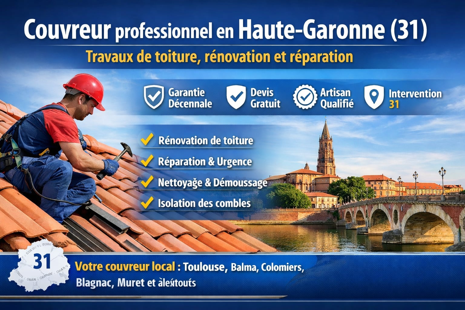 Couvreur professionnel en Haute-Garonne (31) réparant des tuiles sur un toit avec vue sur Toulouse, offrant rénovation, réparation, nettoyage, isolation et intervention dans toutes les communes alentours.