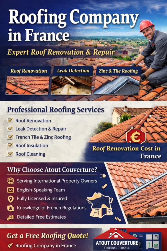 Roofing company in France infographic showing roof renovation, leak repair, tile and zinc roofing services in Toulouse for international property owners